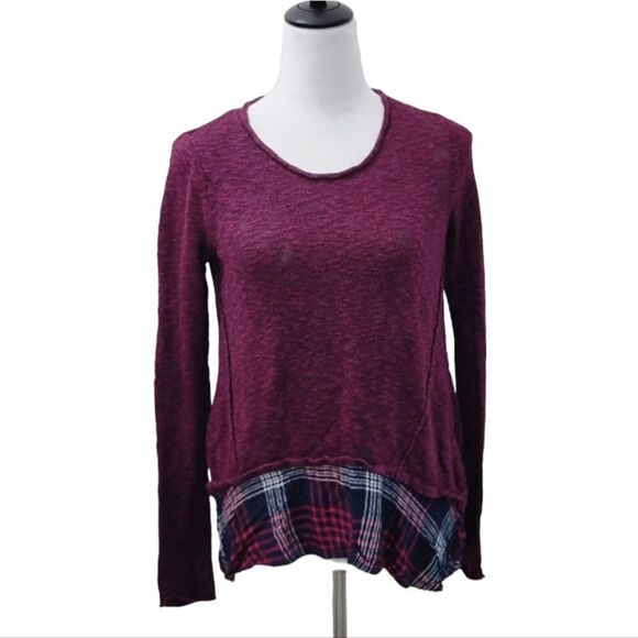 Cloud Chaser Sweatshirt Asymmetrical Plaid Hem Woven Maroon Long Sleeve Size M - Picture 1 of 8